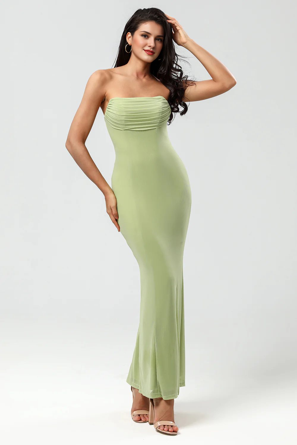 DingJiDress Elegant Lemon Green Mermaid Prom Dresses Strapless Floor Length Bridesmaid Dress With Slit