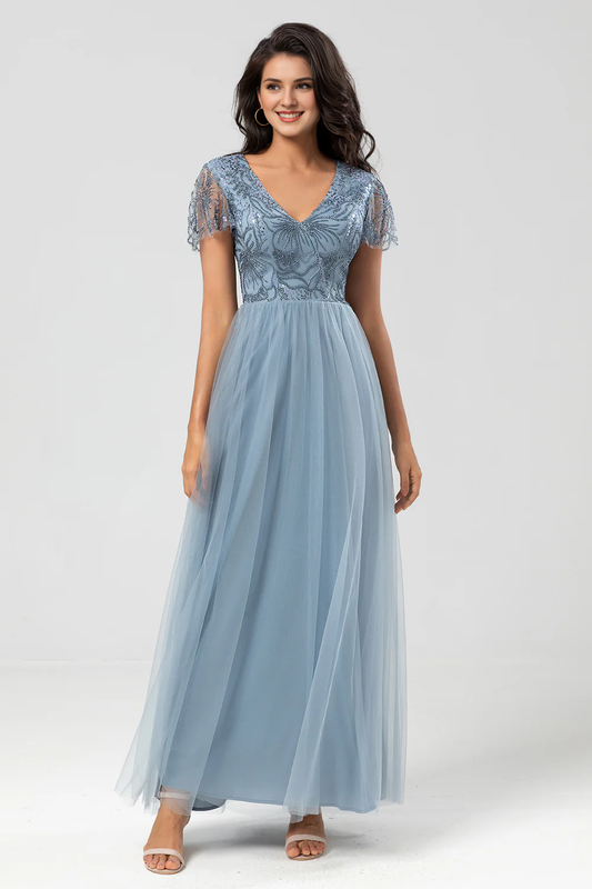 DingJiDress Elegant A-Line Prom Dresses V Neck Embroidered Tulle Dusty Pink Bridesmaid Dress with Beading