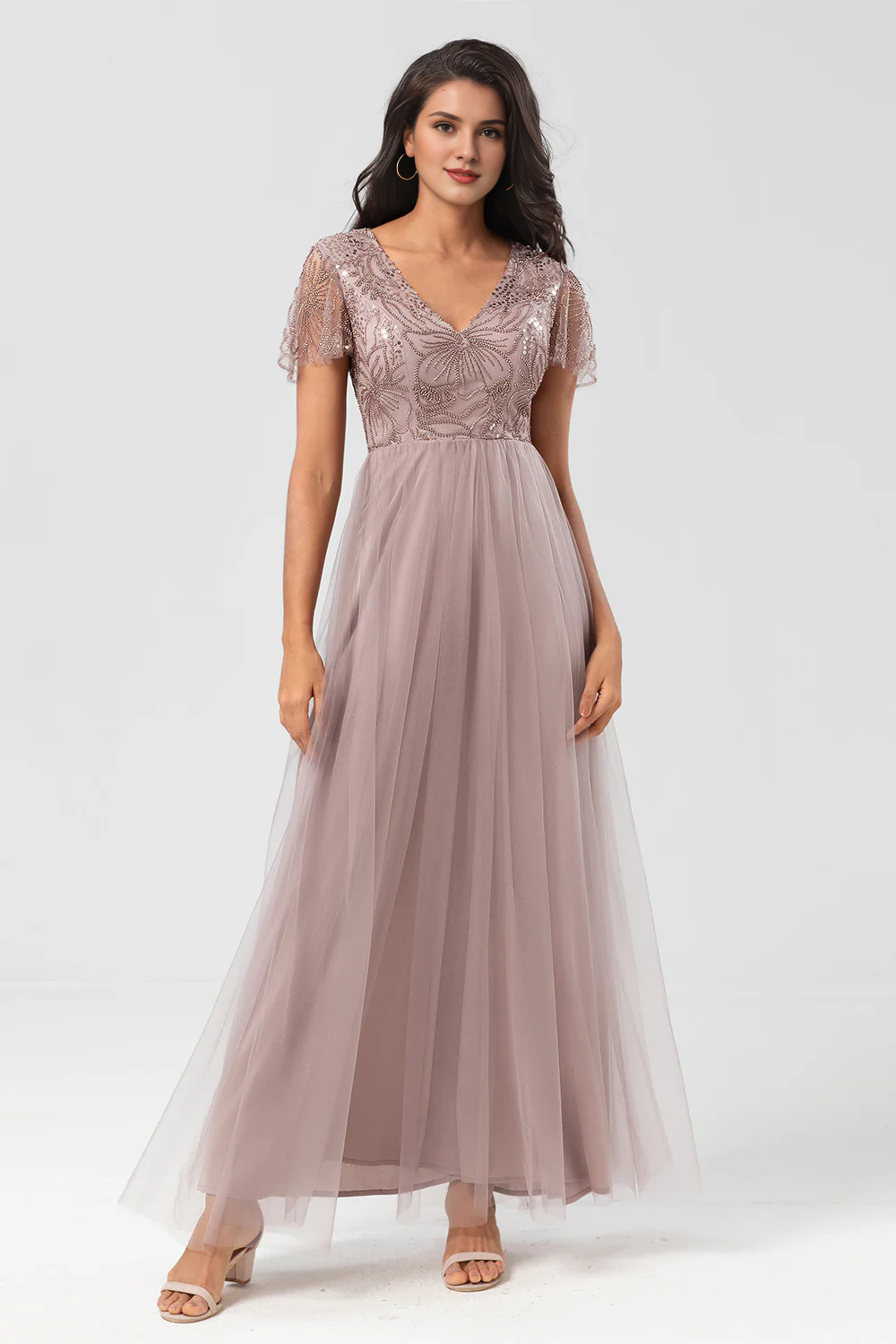 DingJiDress Elegant A-Line Prom Dresses V Neck Embroidered Tulle Dusty Pink Bridesmaid Dress with Beading