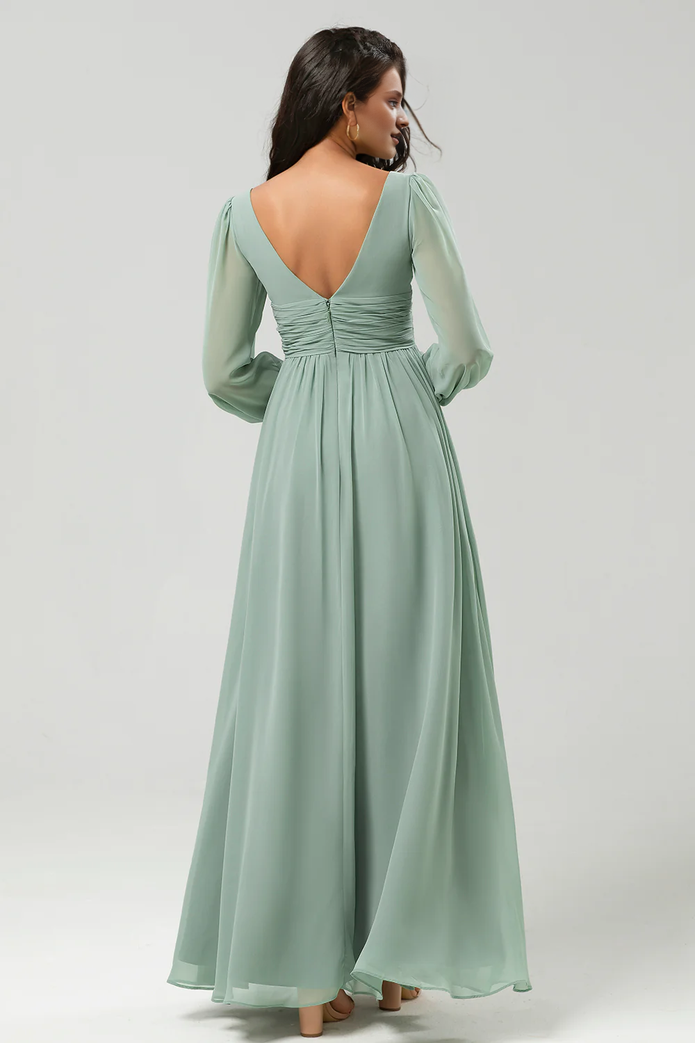 DingJiDress Matcha Elegant A Line Prom Dresses Ruched Chiffon Floor-Length Bridesmaid Dress with Slit