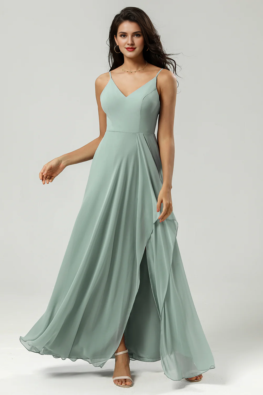 DingJiDress Elegant A Line Prom Dresses Spaghetti Straps V Neck Floor Length Chiffon Bridesmaid Dress with Slit