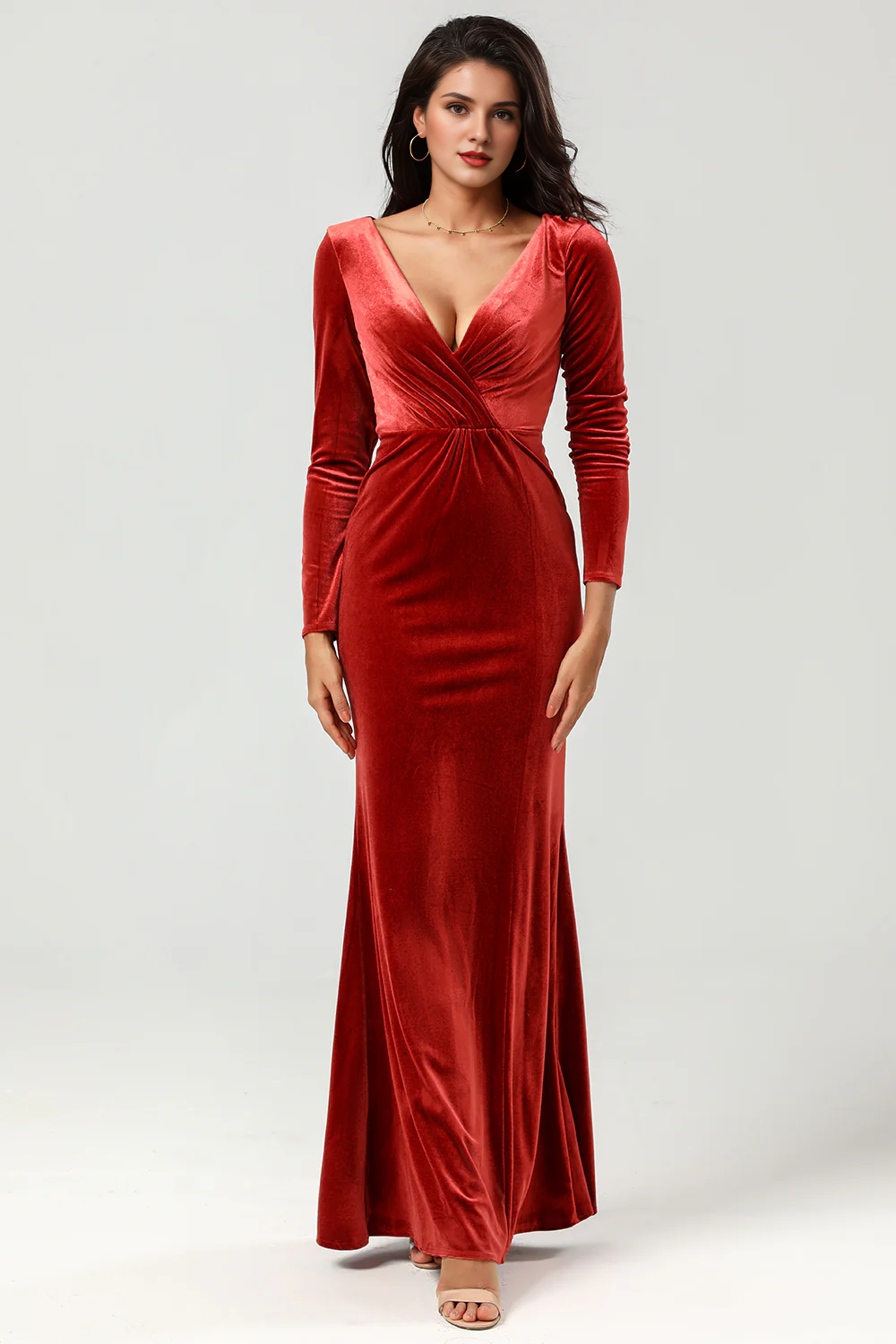 DingJiDress Elegant Velvet Mermaid Prom Dresses Terracotta Bridesmaid Dress with Long Sleeves