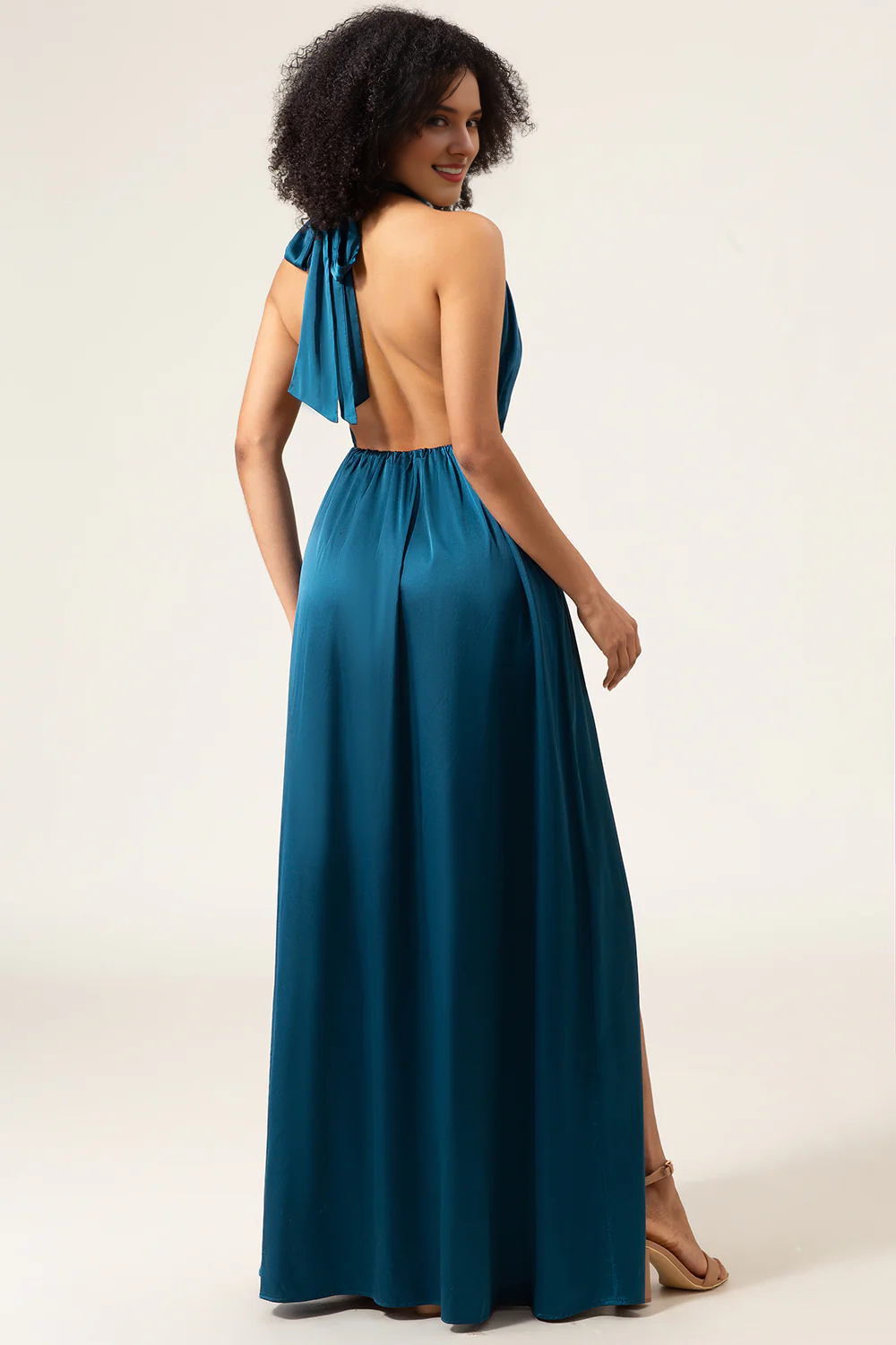 DingJiDress Elegant Peacock A-Line Prom Dresses Halter Neck Floor Length Bridesmaid Dress with Slit