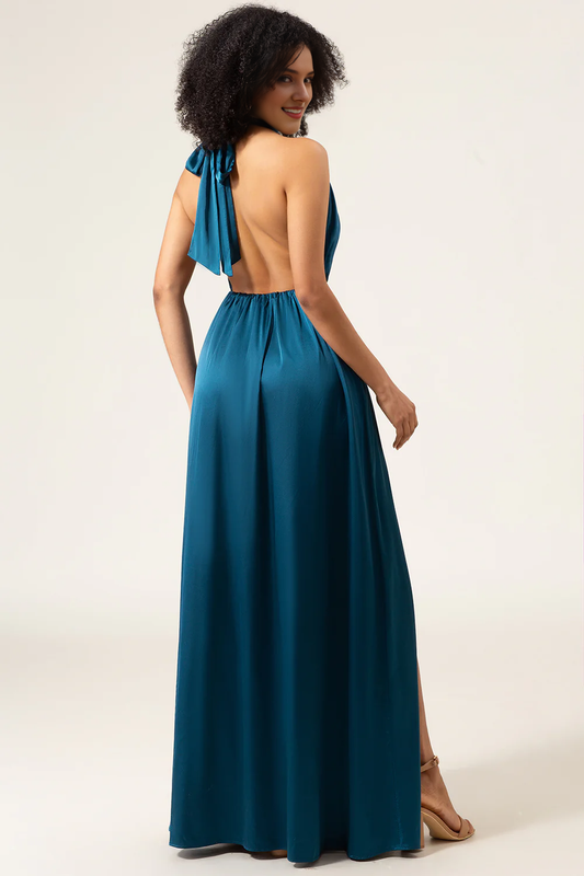 DingJiDress Elegant Peacock A-Line Prom Dresses Halter Neck Floor Length Bridesmaid Dress with Slit