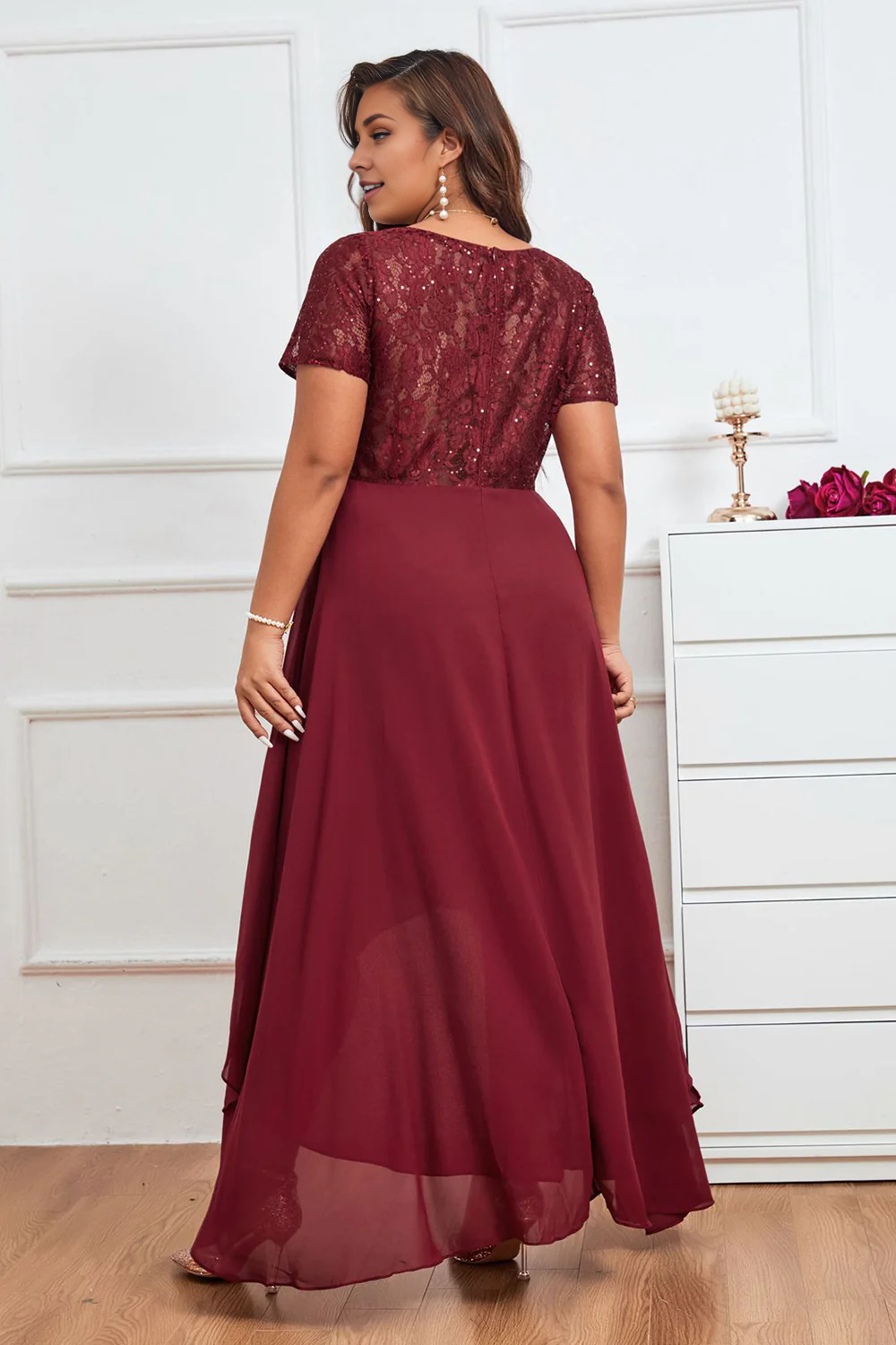DingJiDress Elegant Burgundy A Line Mother of The Bride V Neck Asymmetrical Plus Size Evening Dress