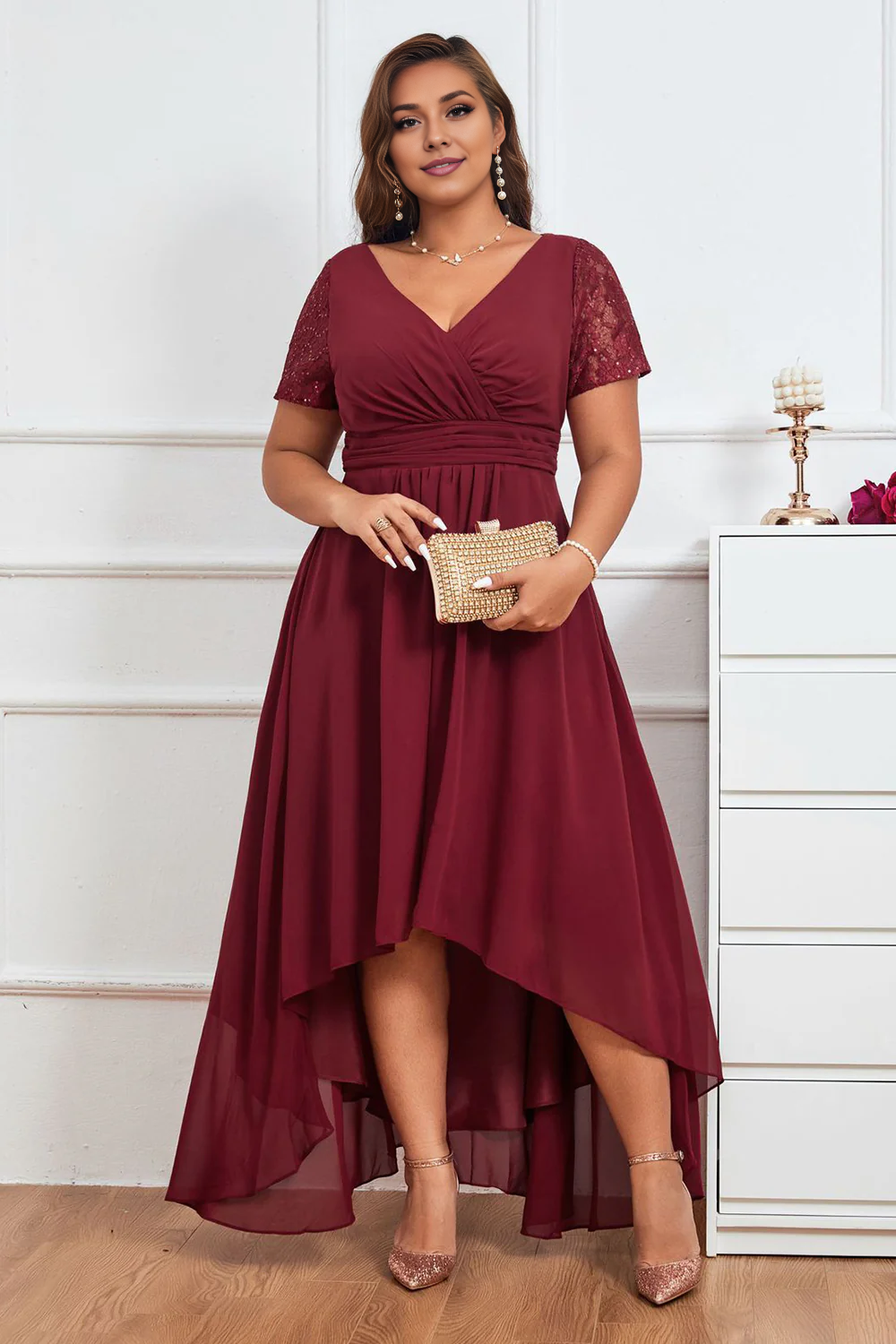 DingJiDress Elegant Burgundy A Line Mother of The Bride V Neck Asymmetrical Plus Size Evening Dress