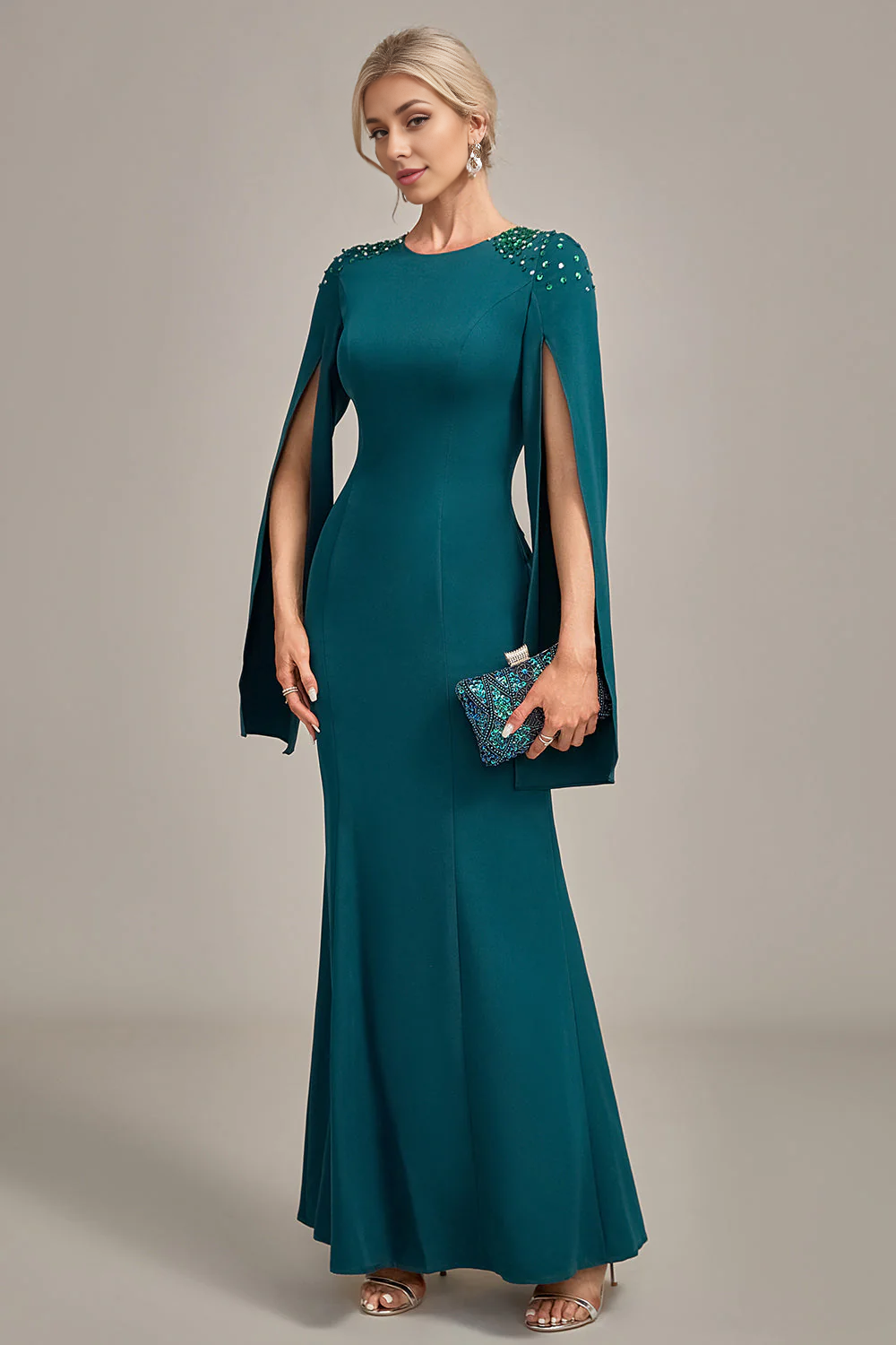 DingJiDress Elegant Glitter Dark Green Mermaid Round Neck Mother of the Bride Dress With Long Sleeves