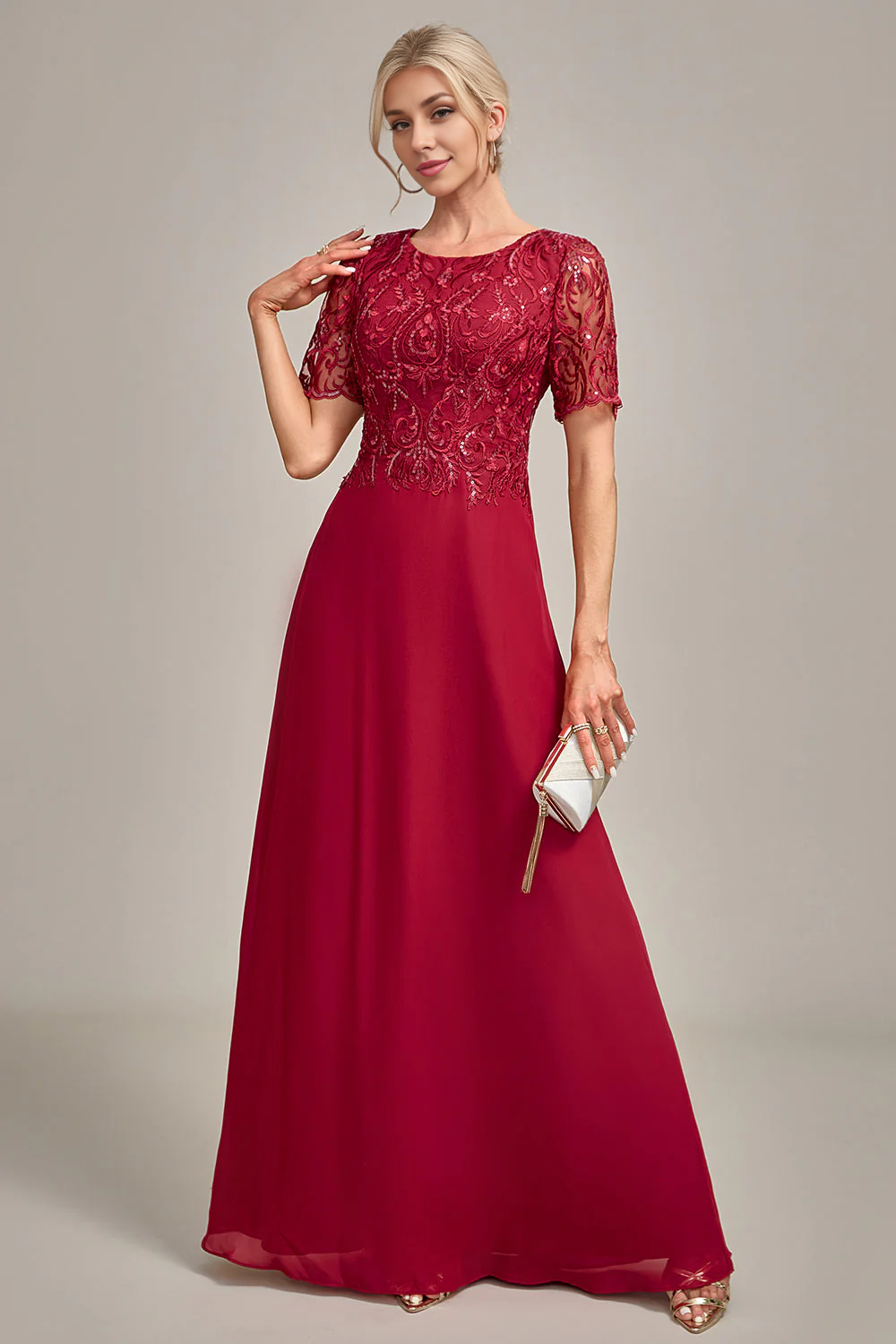 DingJiDress Fashion Burgundy A Line Round Neck Sequin Mother of Bride Dress With Appliques
