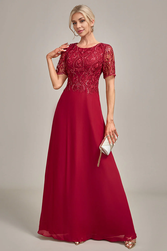 DingJiDress Fashion Burgundy A Line Round Neck Sequin Mother of Bride Dress With Appliques