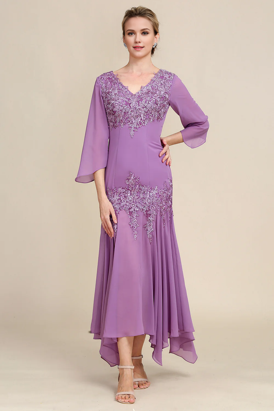 DingJiDress Fashion Bridesmaid Dresses Grey Purple Mermaid Chiffon Mother of the Bride Dress with Lace