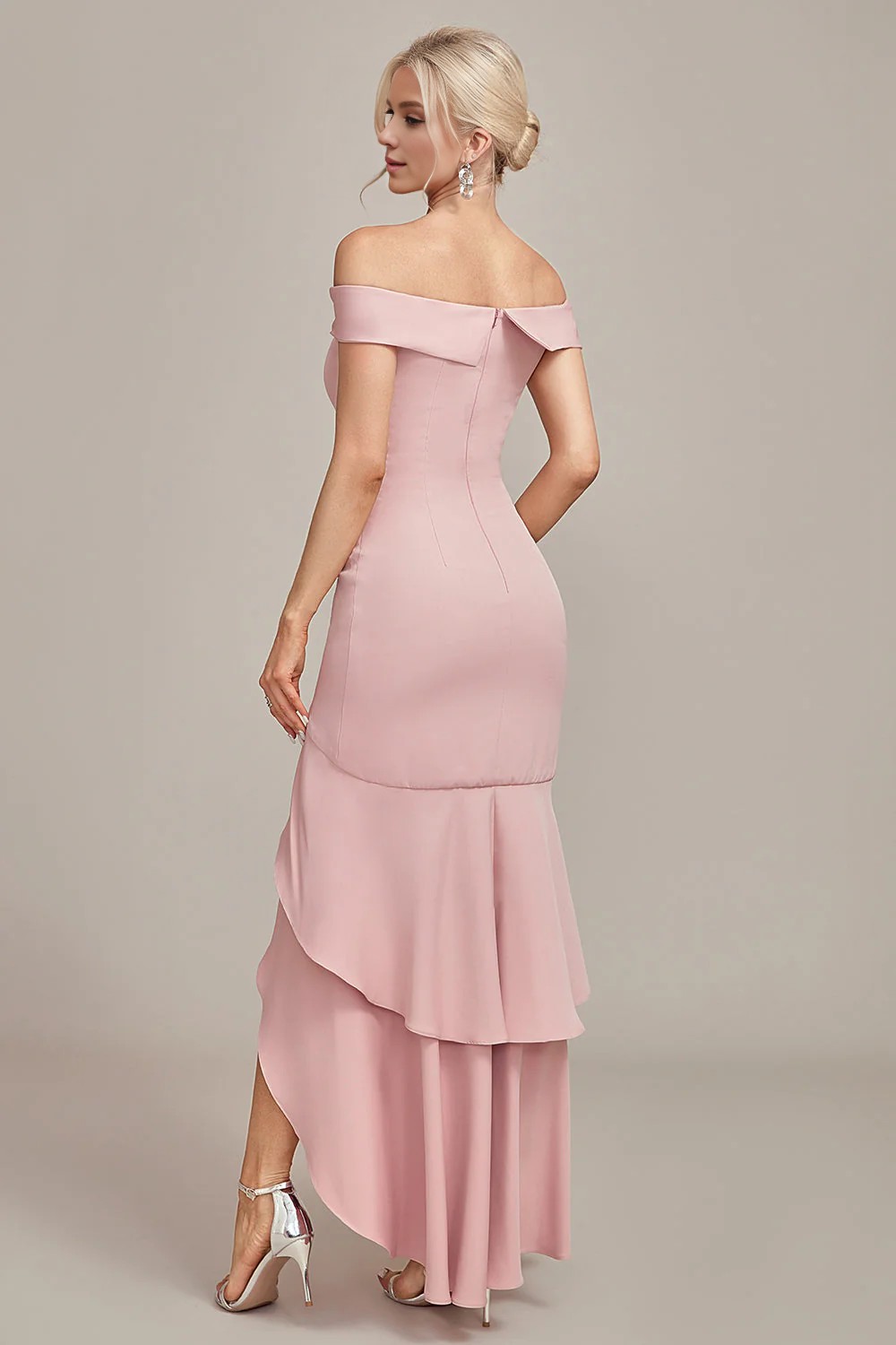 DingJiDress Pink Bridesmaid Dresses Mermaid Off The Shoulder Asymmetrical Ruffled Mother of the Bride Dress