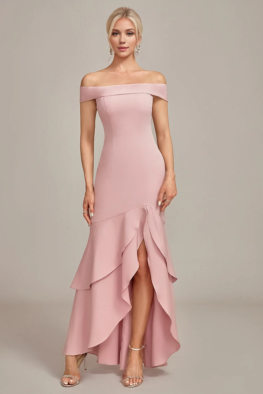 DingJiDress Pink Bridesmaid Dresses Mermaid Off The Shoulder Asymmetrical Ruffled Mother of the Bride Dress