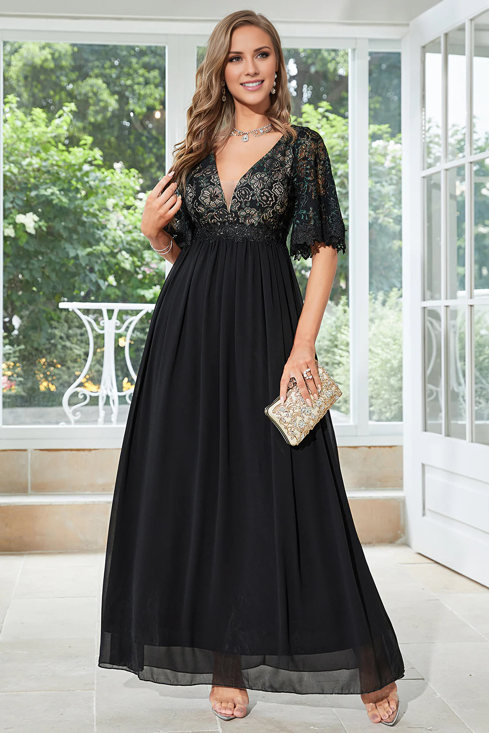 DingJiDress Fall Wedding Guest Dress November Temperament Black A Line V Neck Floor Length Chiffon Embroidered Evening Dress