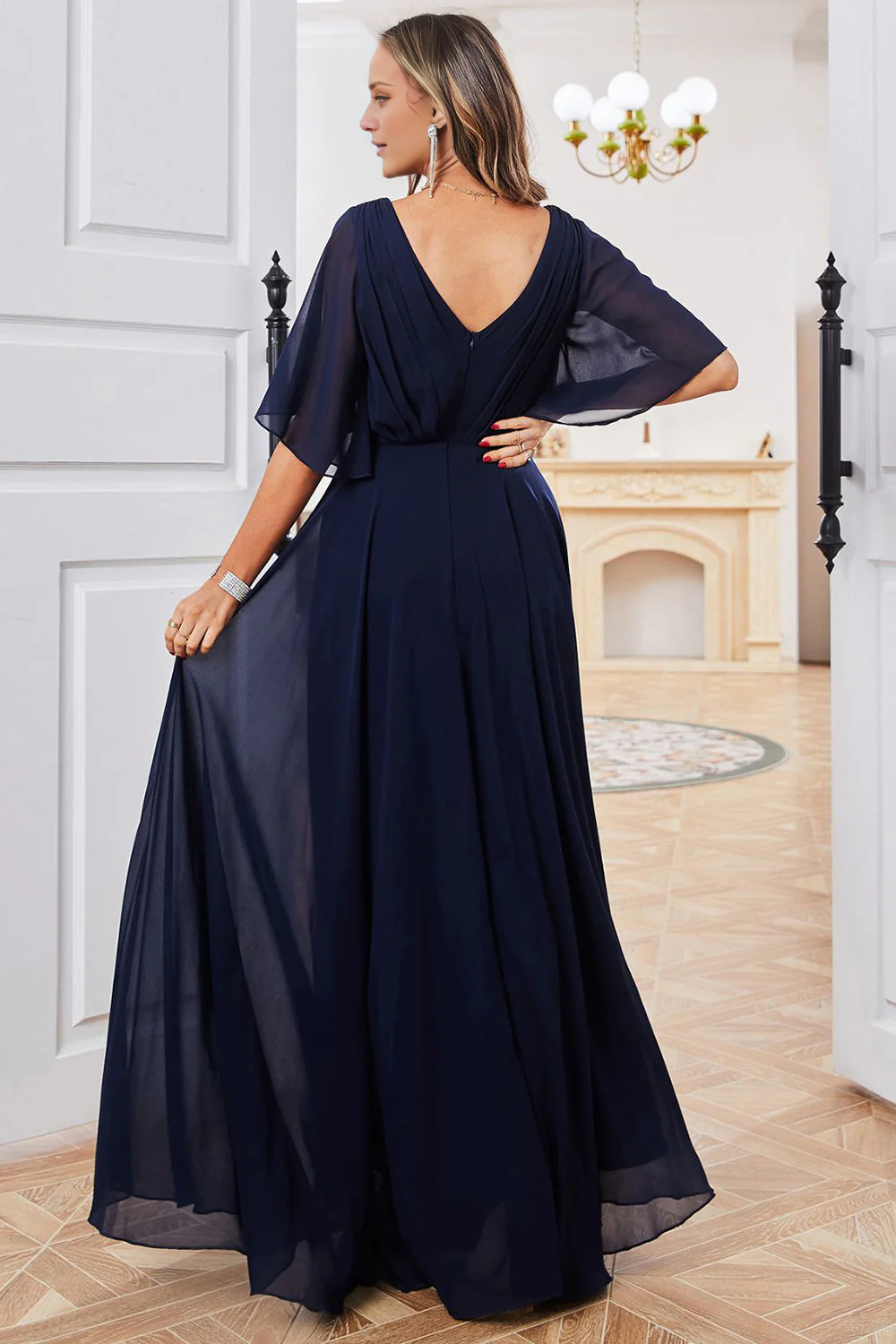 DingJiDress Fall Wedding Guest Dress November Navy A Line V Neck Floor Length Chiffon Evening Dress For Mom
