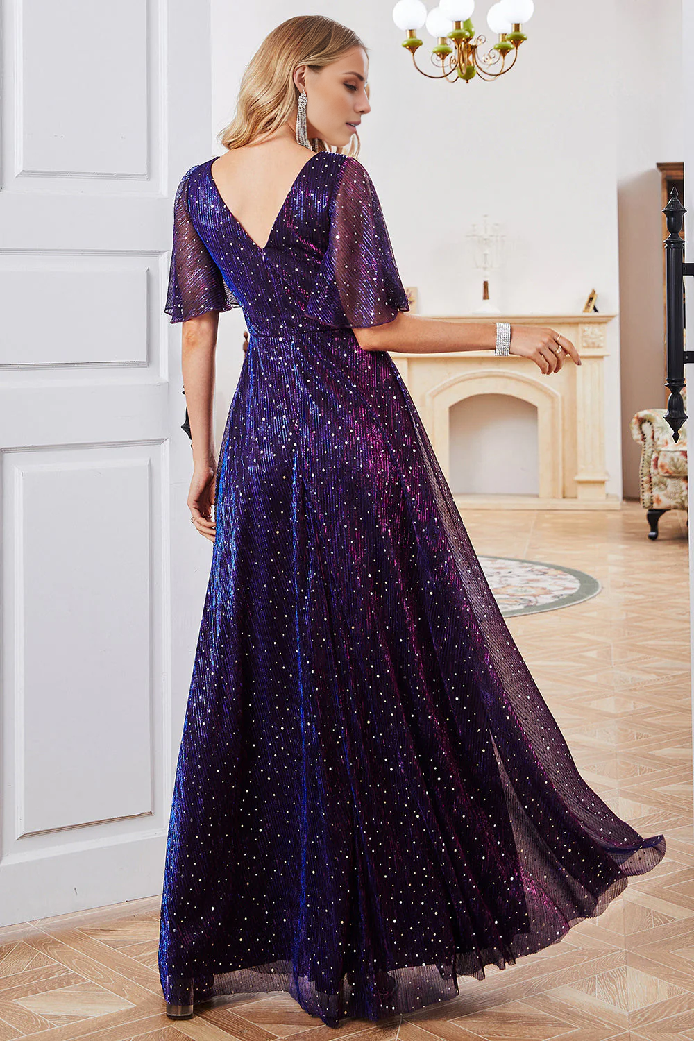 DingJiDress Elegant Sparkly A Line V-Neck Purple Party Dress with Short Sleeves December Wedding Guest Dress