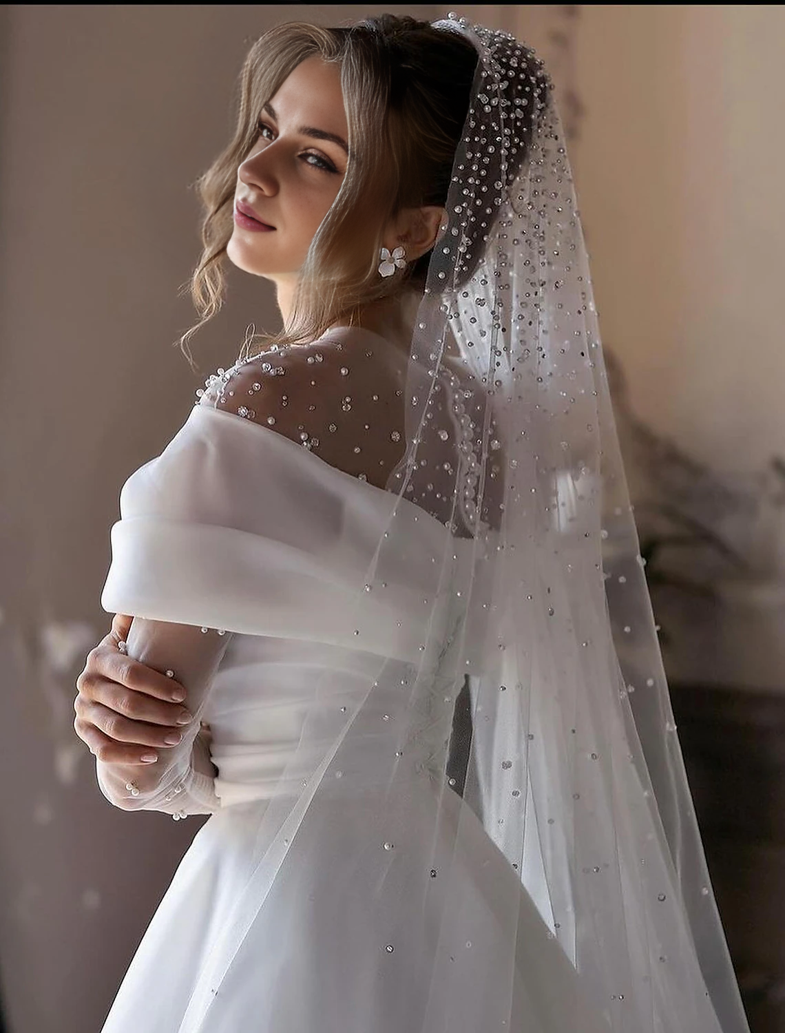 DingJiDress Beach Formal Wedding Dresses A-Line Illusion Neck Long Sleeve Floor Length Tulle Bridal Gowns With Ruched Beading