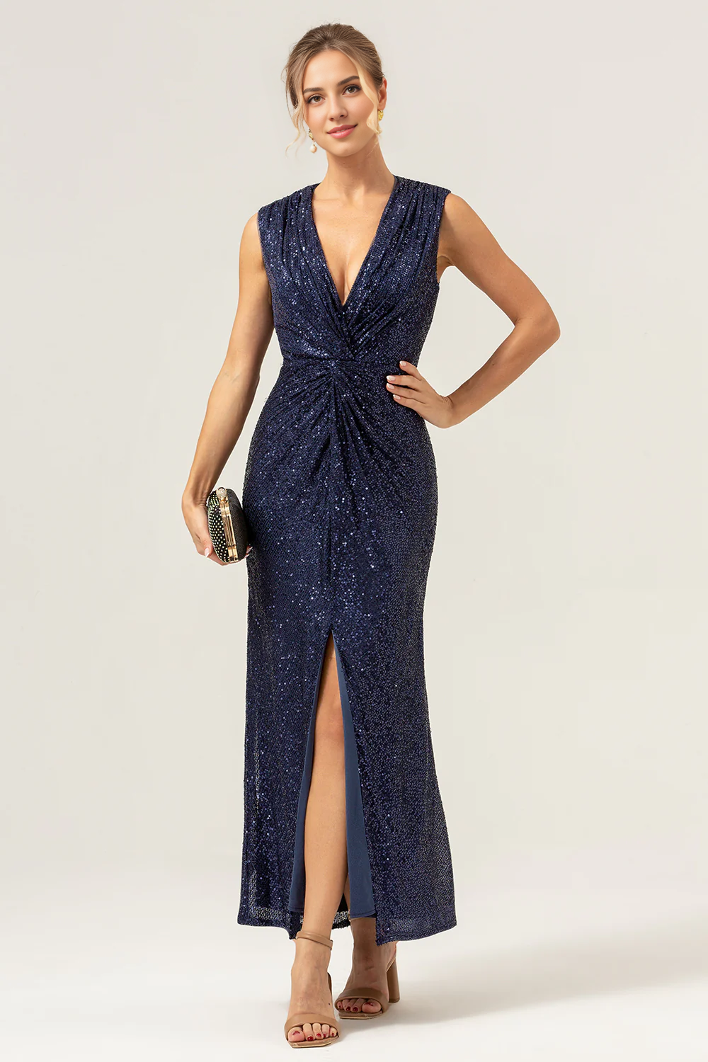 DingJiDress Elegant Mothers Of The Bride Dresses Sparkly Navy Sheath V-Neck Sequins Sleeveless Wedding Party Dress With Slit
