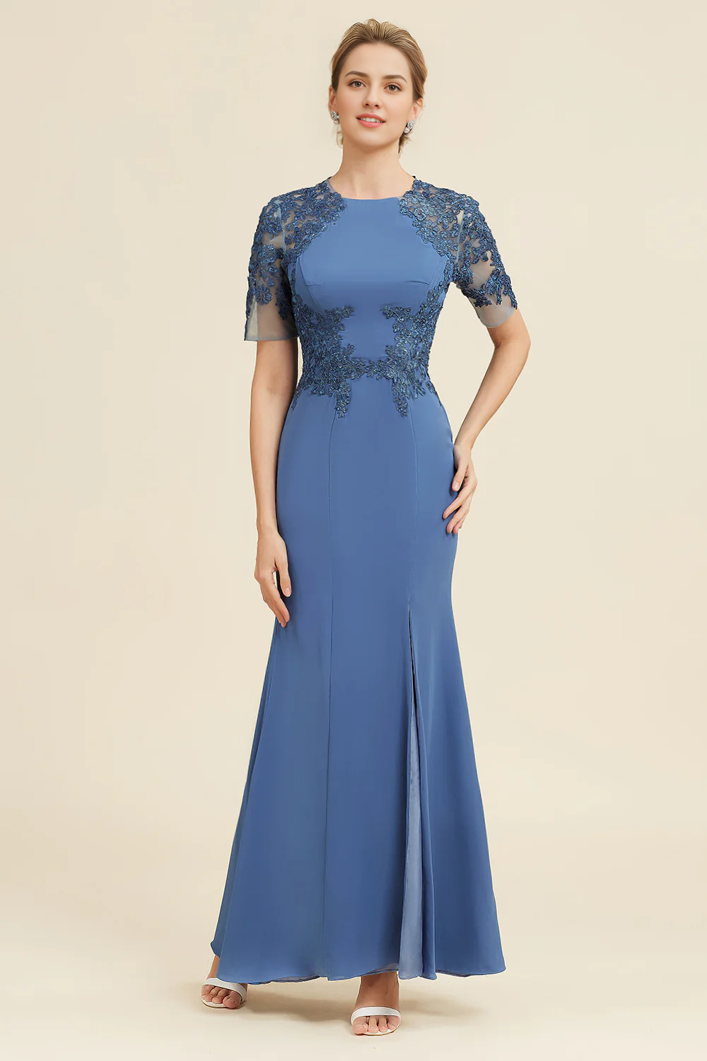 DingJiDress Elegant Blue Mermaid Open Back Mother of the Bride Dress with Slit