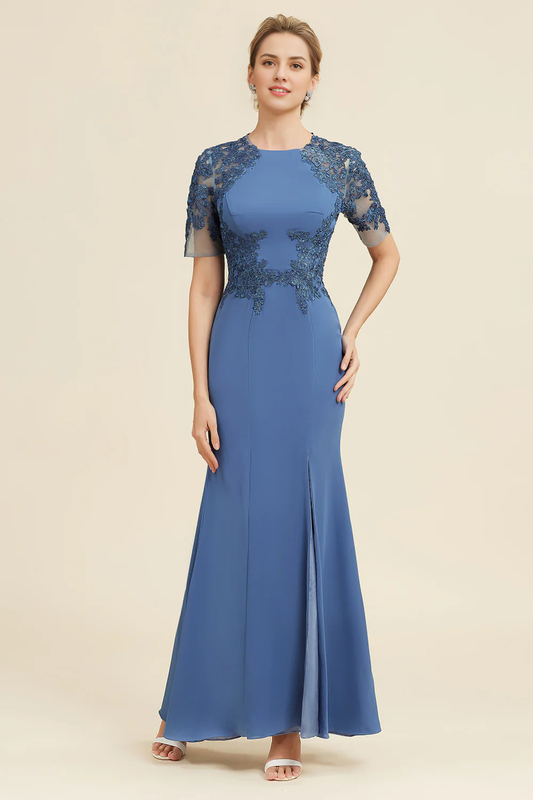 DingJiDress Elegant Blue Mermaid Open Back Mother of the Bride Dress with Slit