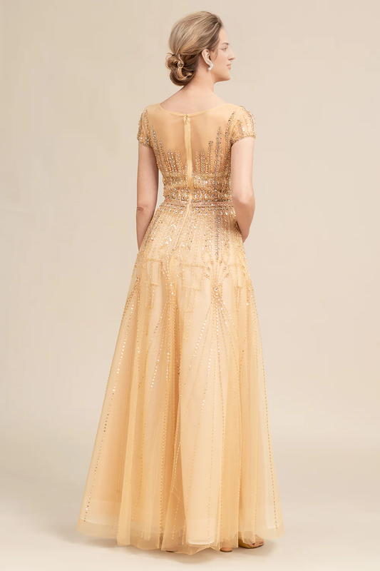 DingJiDress Elegant Formal Women's Dresses Golden A Line Beaded Mother of Bride Dress Wedding Dresses Guest