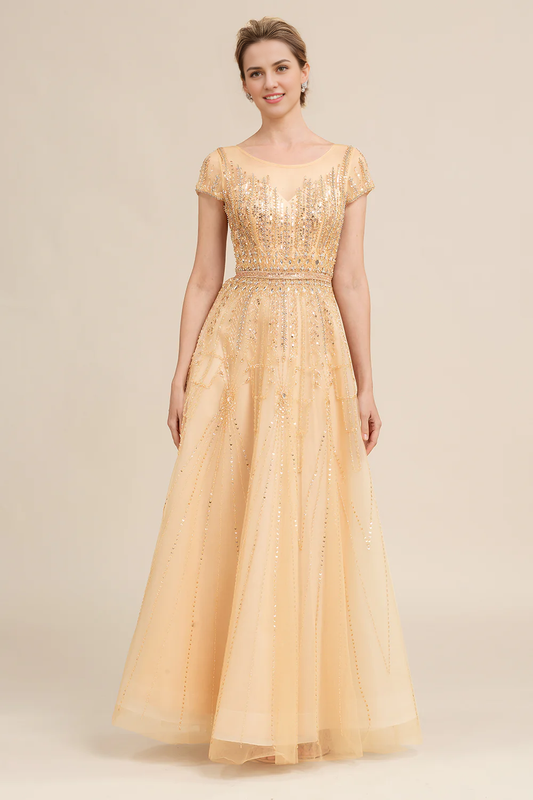 DingJiDress Elegant Formal Women's Dresses Golden A Line Beaded Mother of Bride Dress Wedding Dresses Guest