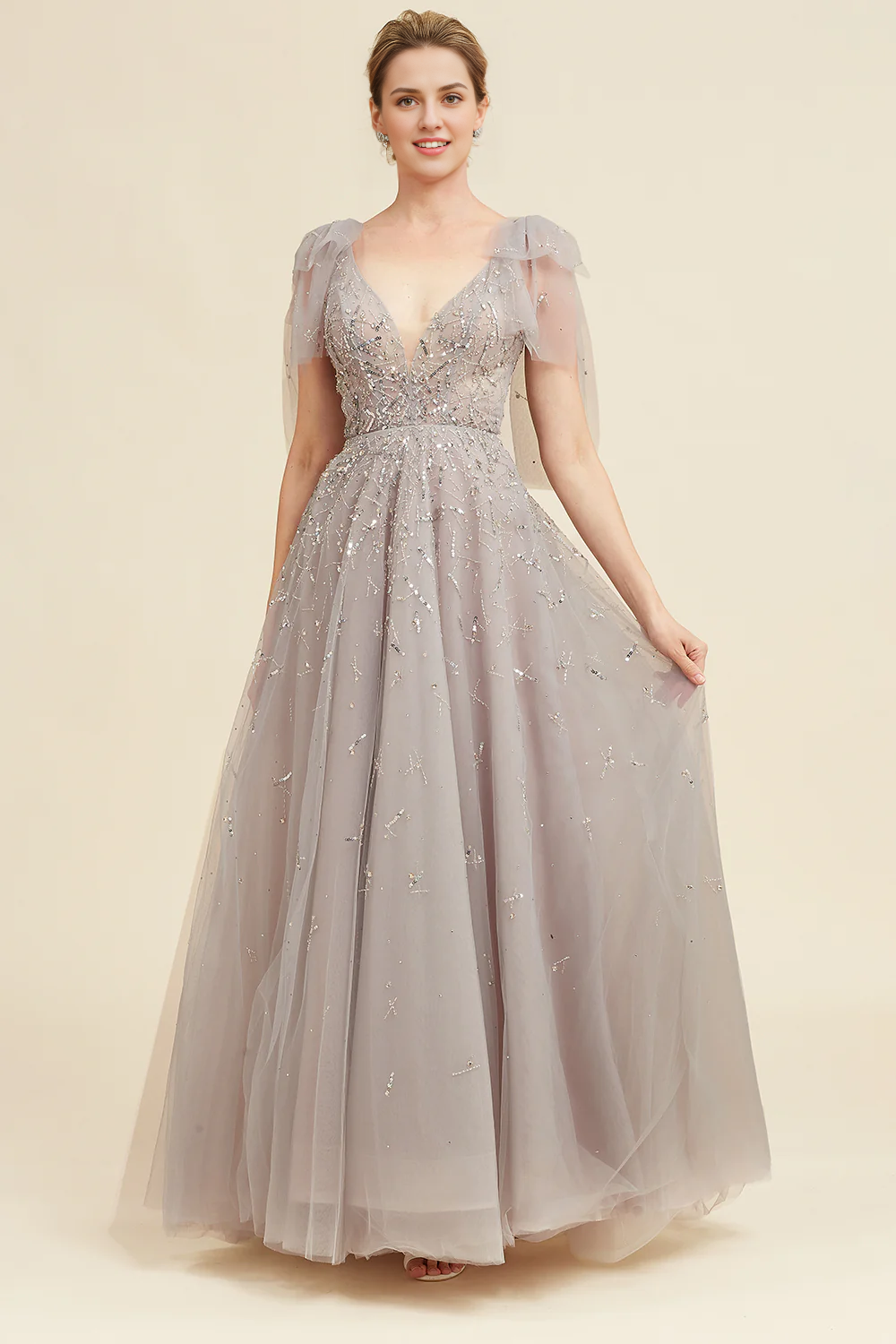 DingJiDress Elegant Dress For A Wedding Guest Grey A Line Beading Glitter Mother of Bride Dress