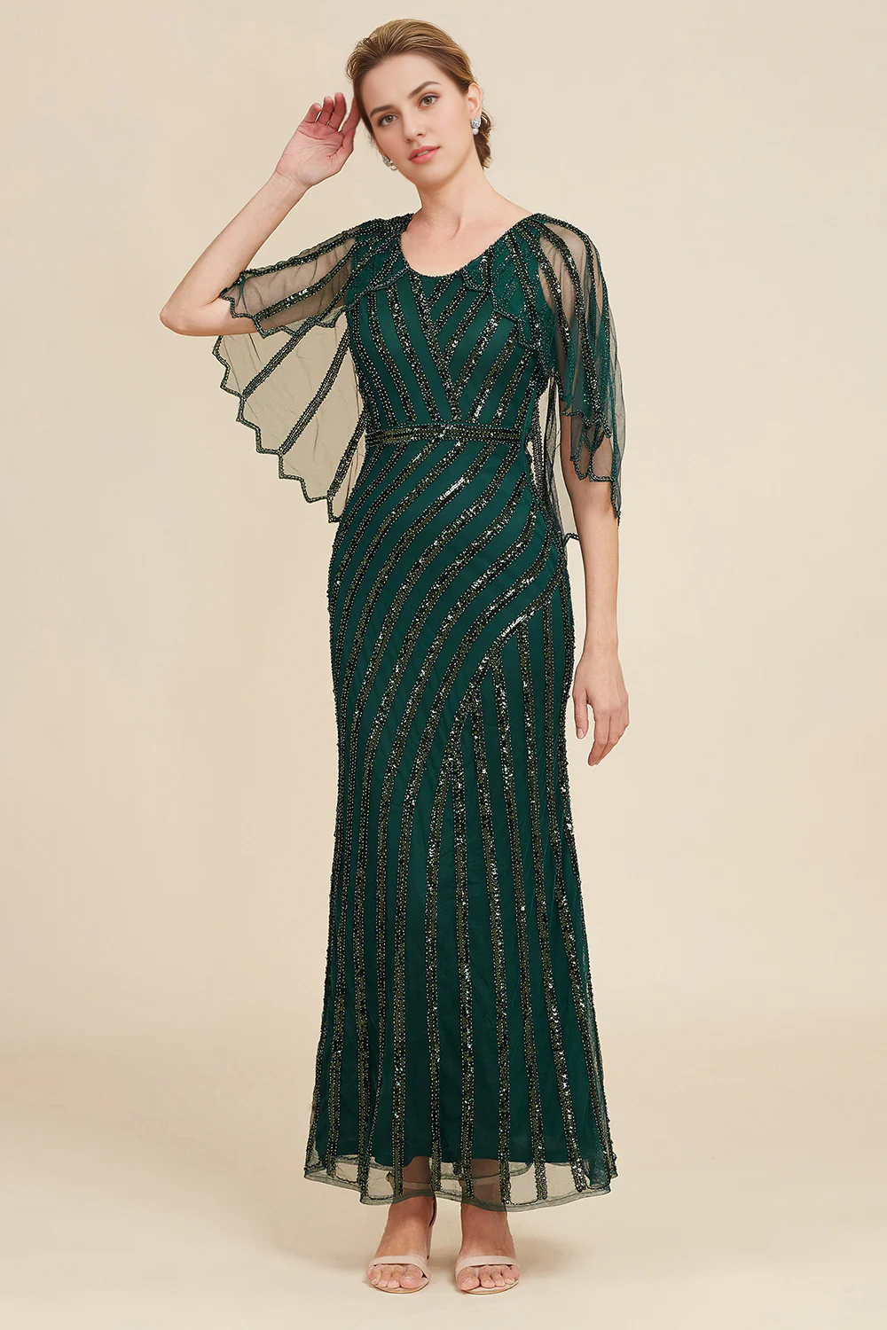 DingJiDress Elegant Dark Green Sheath Sequins Round Neck Mother Of Bride Dress with Cape Sleeves Dress For A Wedding Guest