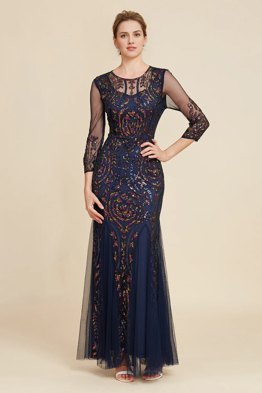 DingJiDress Navy Mermaid Sequin Floor Length Mother of The Bride Dress with Long Sleeves Dress Wedding Guest