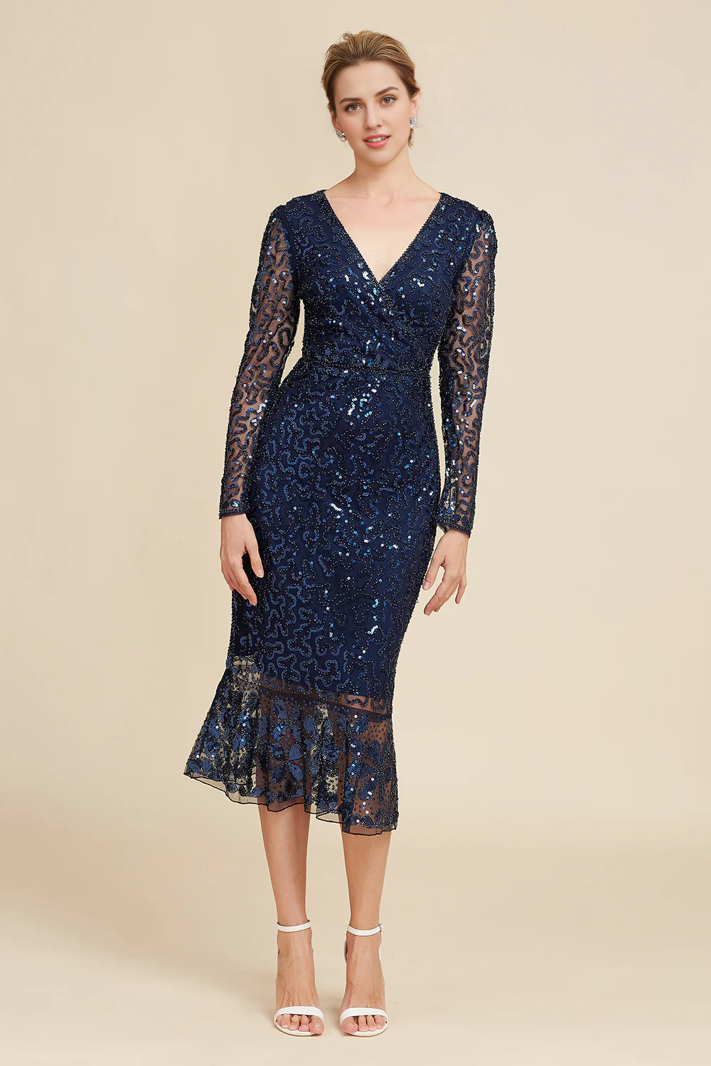 DingJiDress Elegant Navy Beaded and Sequin Midi Mother of Bride Dress Wedding Dress For Guest