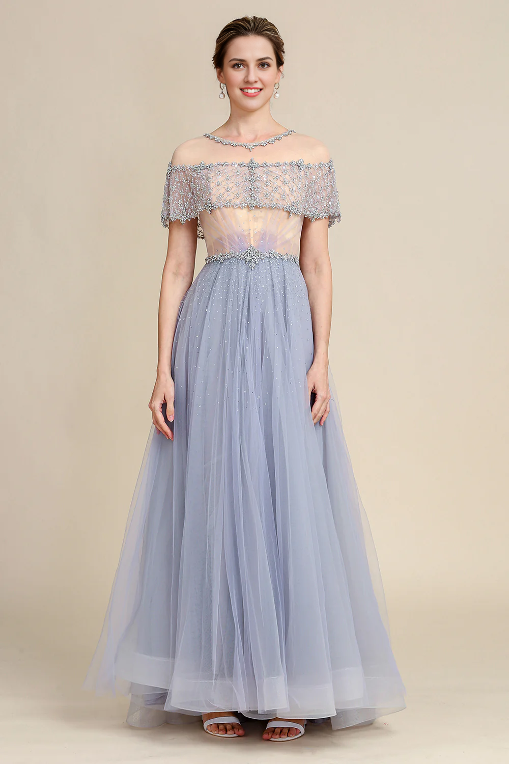 DingJiDress Elegant Grey Tulle A Line Beaded Glitter Mother of Bride Dress Wedding Guest Dress