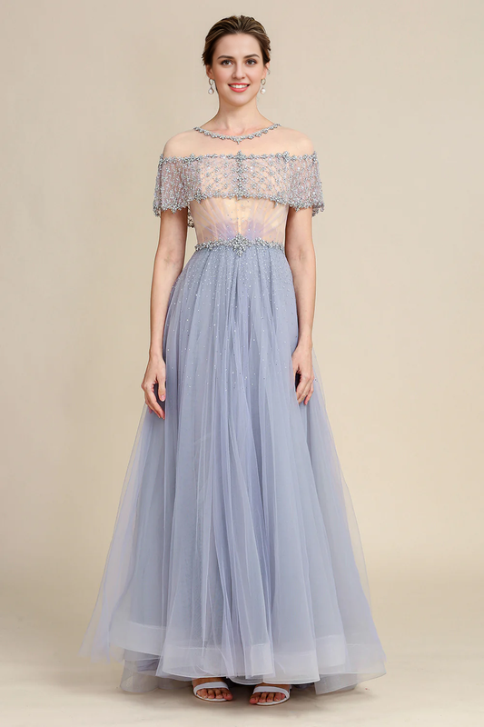 DingJiDress Elegant Grey Tulle A Line Beaded Glitter Mother of Bride Dress Wedding Guest Dress