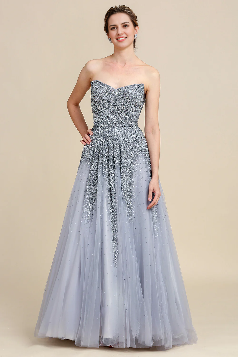 DingJiDress Elegant Formal Women's Dresses Grey A Line Beading Sparkly Mother of Bride Dress