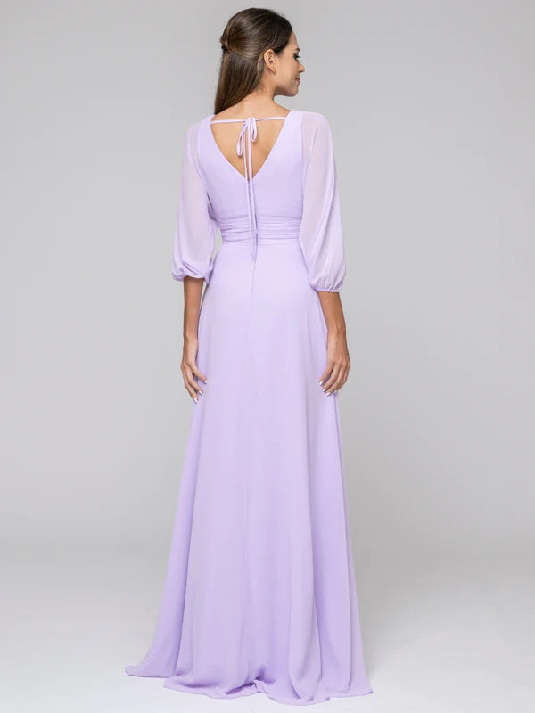3/4 Lantern Sleeve V Neck Chiffon A Line Bridesmaid Dresses