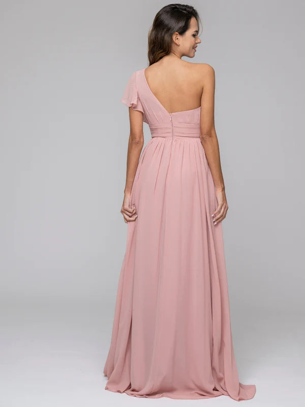 A Line One Shoulder Chiffon Flutter Sleeve Bridesmaid Dresses