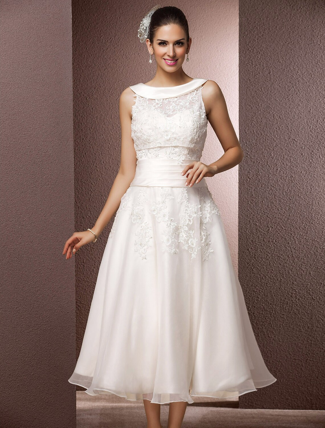 Hall Wedding Dresses Tea Length A-Line Regular Straps Bateau Neck Organza With Pearl Beading