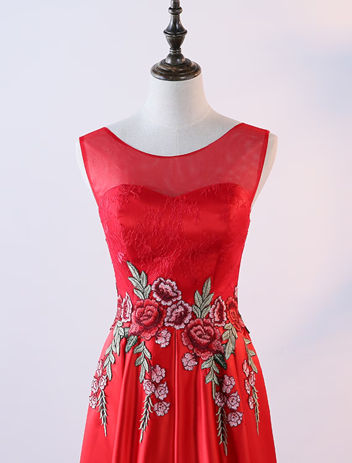 A-Line Evening Gown Elegant Dress Prom Floor Length Sleeveless Jewel Neck Satin with Embroidery Appliques