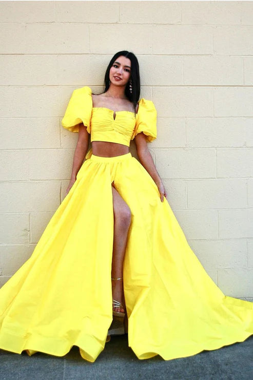 DingJiDress A-Line Prom Dresses Yellow Two Piece Sweetheart Evening Dress