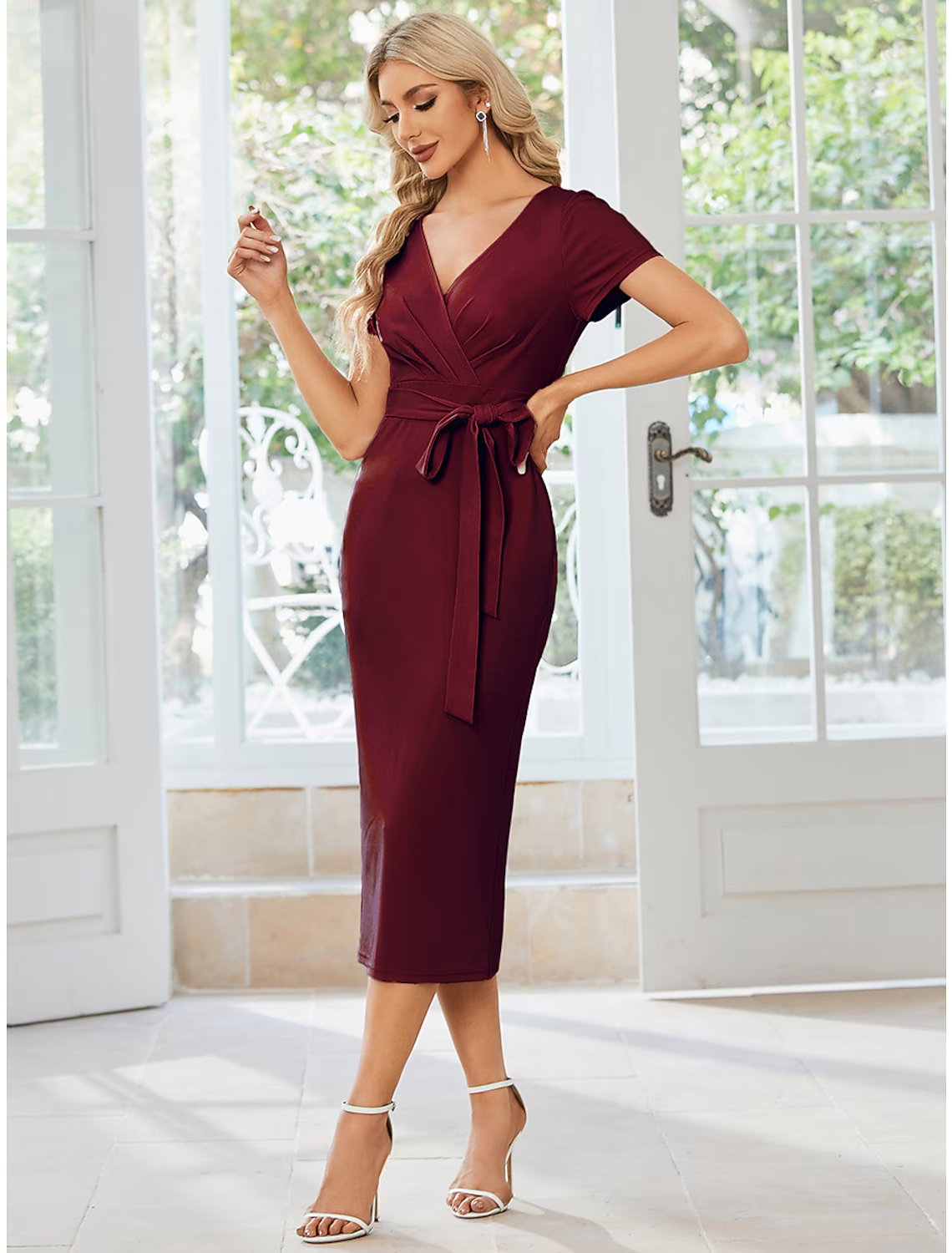 Wedding Guest Dresses Dress Party Wear Length Short Sleeve V Neck Stretch Fabric with Slit Strappy