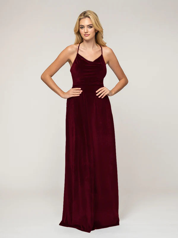 Cowl Neck Velvet Bridesmaid Dresses With Crisscross Back