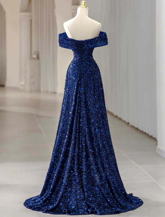 A-Line Evening Gown Sparkle Shine Dress Formal Sleeveless Off Shoulder Sequined with Glitter