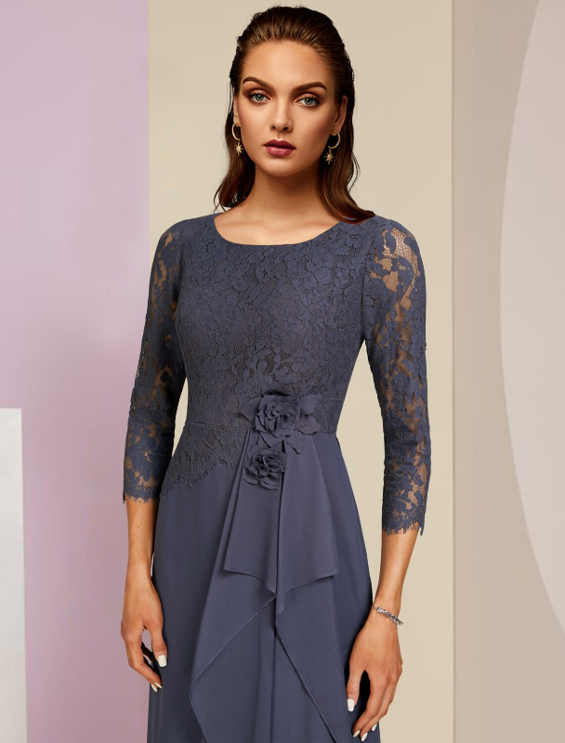 Mother of the Bride Dress Wedding Guest Party Elegant Scoop Neck Floor Length Chiffon Lace Sleeve with Ruffles Appliques