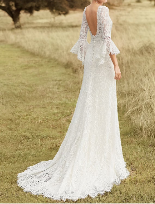 Beach Wedding Dresses Chapel Train A-Line Long Sleeve Jewel Neck Satin With