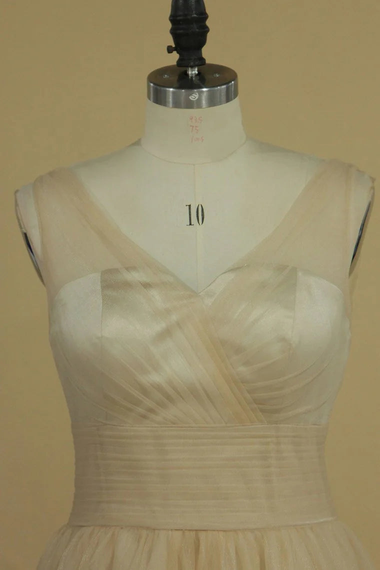 DingJiDress Bridesmaid Dresses A Line V Neck Open Back Ruched Bodice Tulle Floor Length