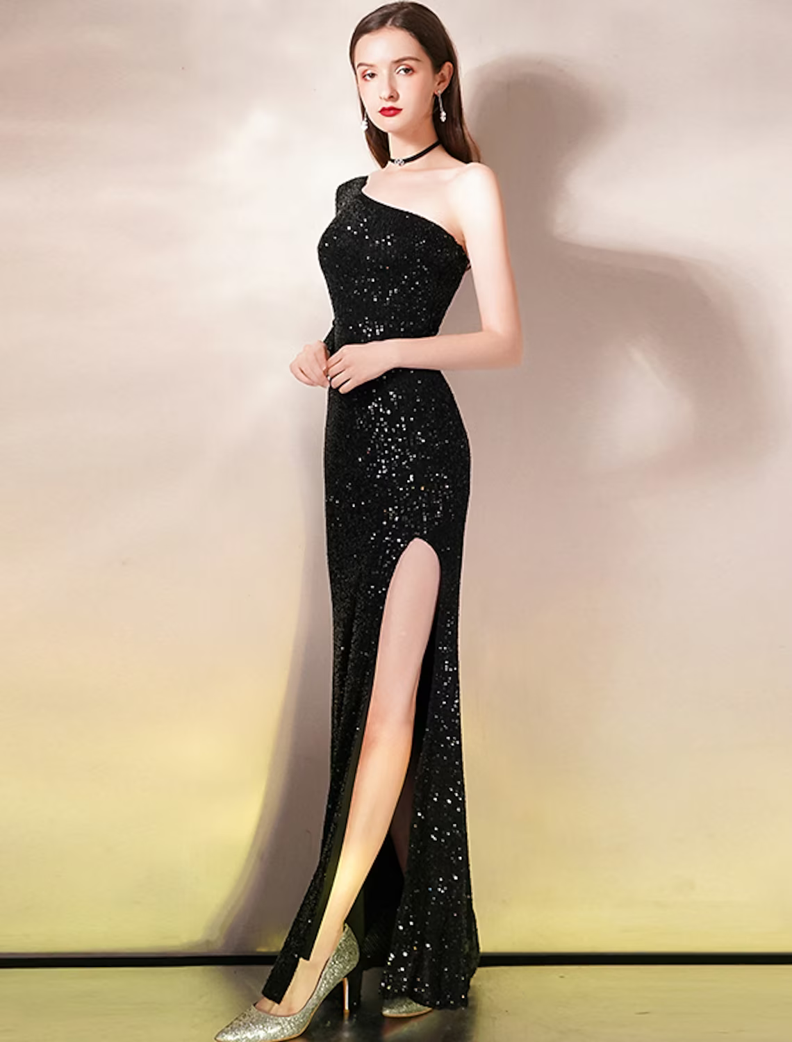 Evening Gown Sparkle Dress Wedding Guest Floor Length Sleeveless One Shoulder Sequined with Slit