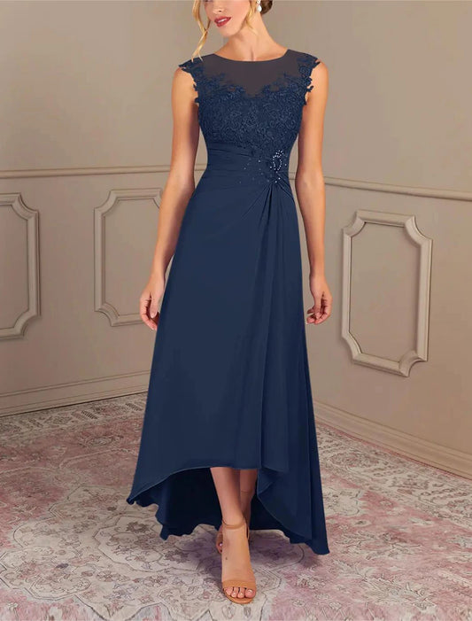 A-Line Mother of the Bride Dress Formal Wedding Guest Elegant Jewel Neck Asymmetrical Chiffon Sleeveless with Lace Sequin Ruching