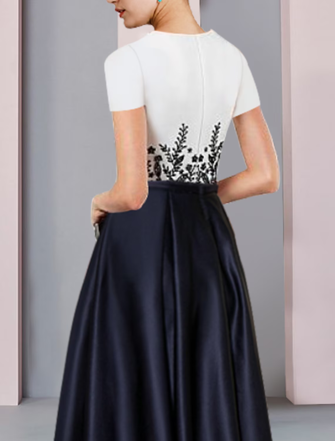 Mother of the Bride Dress Formal Party Elegant Scoop Neck Asymmetrical Satin Short Sleeve with Pleats Appliques