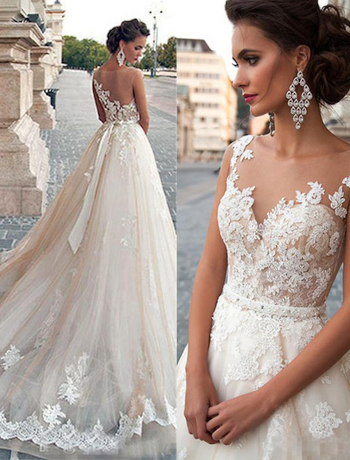 Engagement Open Back Formal Wedding Dresses Court Train A-Line Regular Straps Jewel Neck Satin With Appliques
