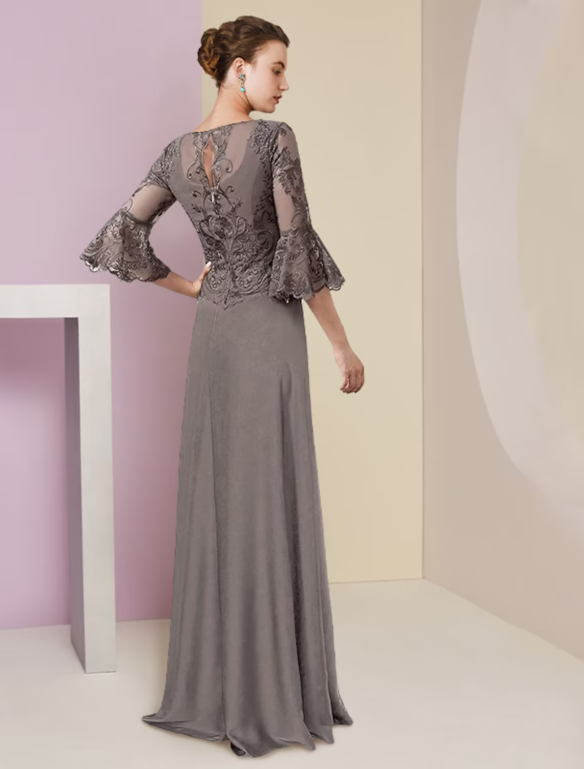 A-Line Mother of the Bride Dress Formal Elegant V Neck Lace Stretch Chiffon Length Sleeve with Beading Appliques