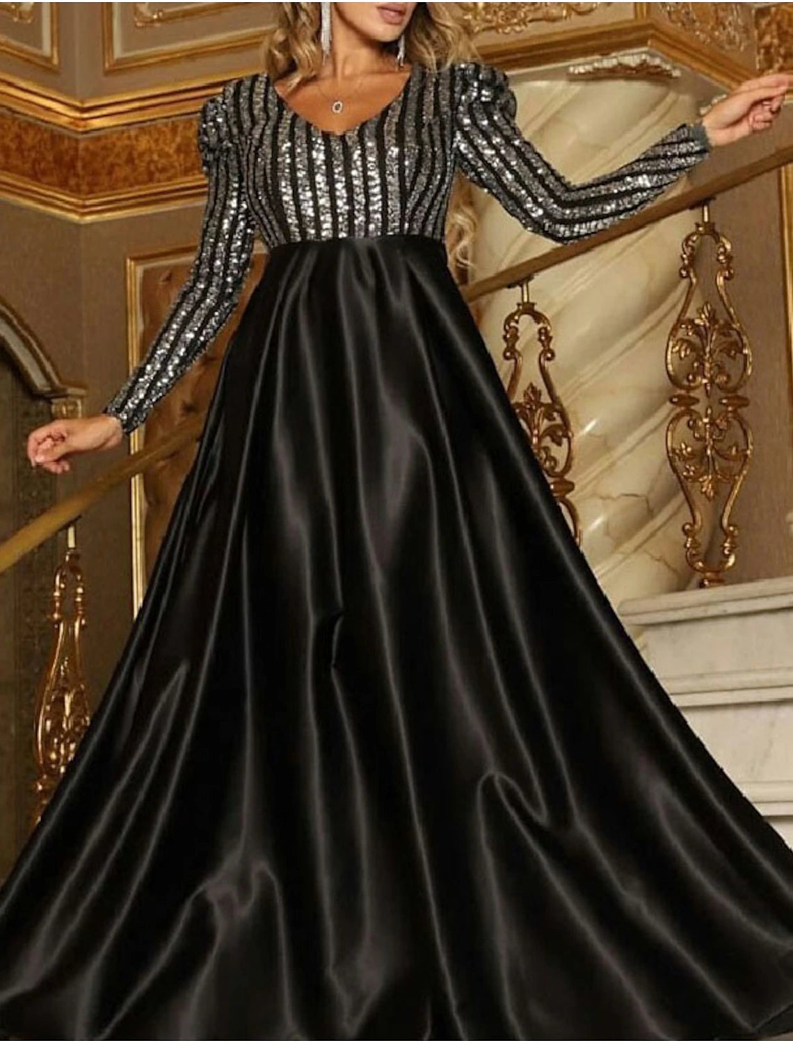 A-Line Sparkly Engagement Formal Evening Party Dress V Neck Long Sleeve Court Train Polyester with Sequin
