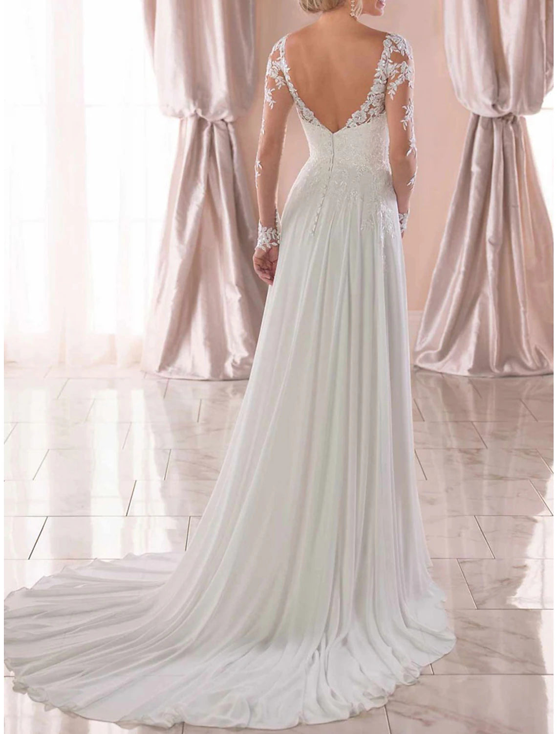 A-Line Prom Dresses Elegant Dress Wedding Guest Wedding Party Sweep / Brush Train Long Sleeve V Neck Chiffon with Appliques